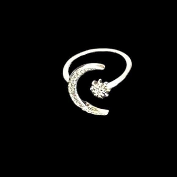 Celestial Crescent Moon Star Silver Tone Crystal Adjustable Ring NWT - Picture 5 of 13